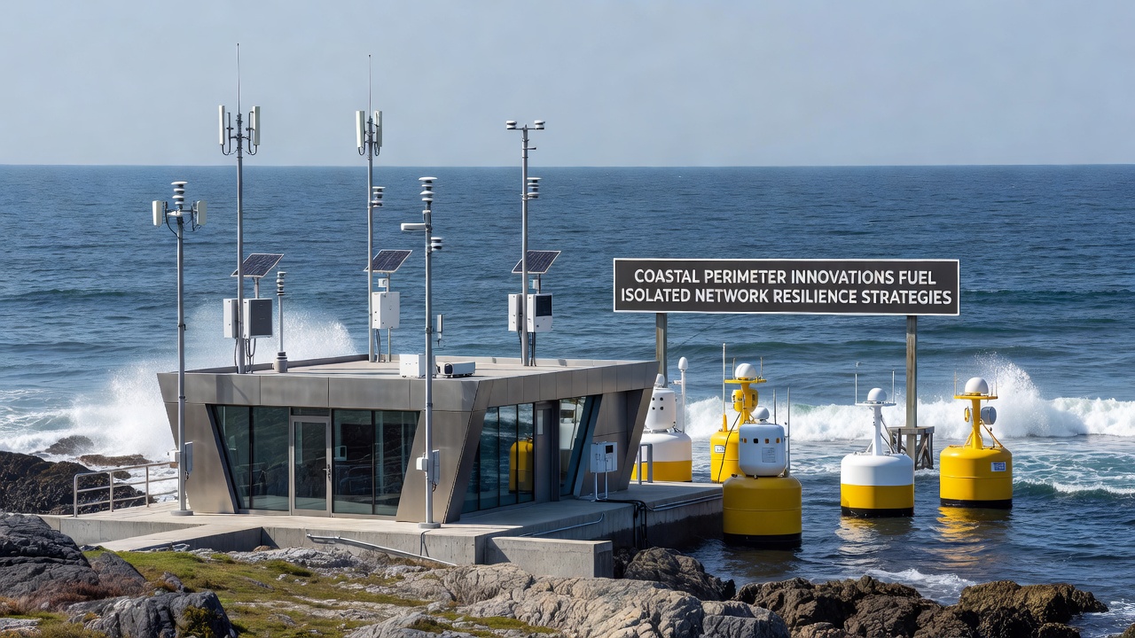 Detailed view of coastal sensor arrays and network resilience hardware deployed along shoreline perimeters